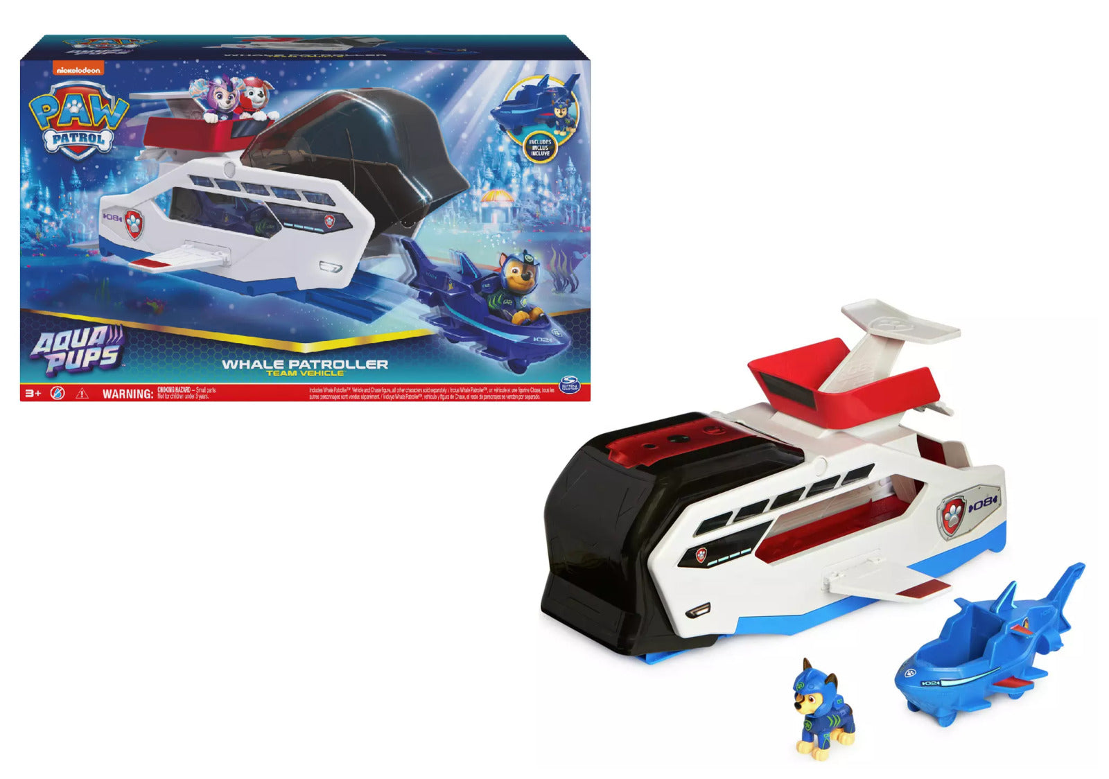 Paw Patrol Aqua Pups Whale Patroller Team Vehicle with Chase Action Figure,  Toy Car and Vehicle Launcher, Kids Toys for Ages 3 and up